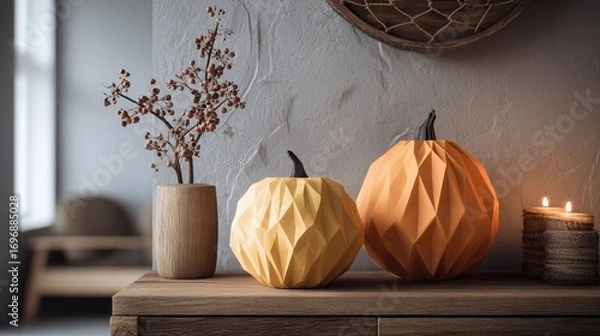 Fototapeta modern halloween decor featuring minimalist elements and geometric pumpkin designs in a stylish indoor setting