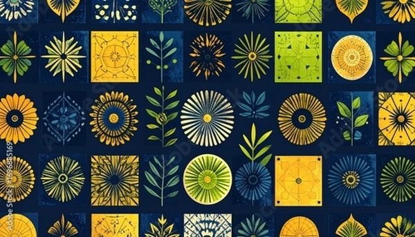 Fototapeta Vibrant abstract geometric backgrounds with floral motifs.