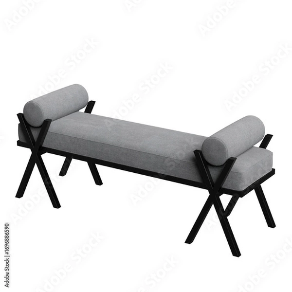 Fototapeta Minimalist bench with black crossed legs, upholstered seat and two cylindrical pillows, perfect for modern interior design and furniture mockups.