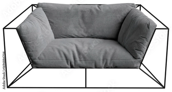Fototapeta Stylish armchair with a minimal black metal frame and soft gray cushions, ideal for modern interiors, design projects, and furniture mockups.