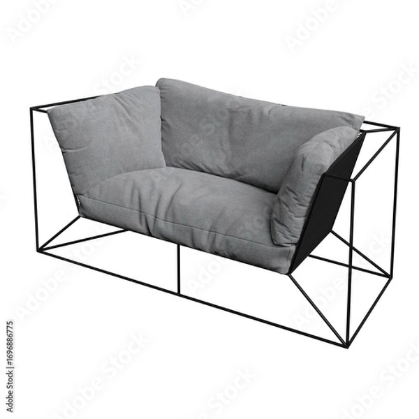 Fototapeta Stylish armchair with a minimal black metal frame and soft gray cushions, ideal for modern interiors, design projects, and furniture mockups.