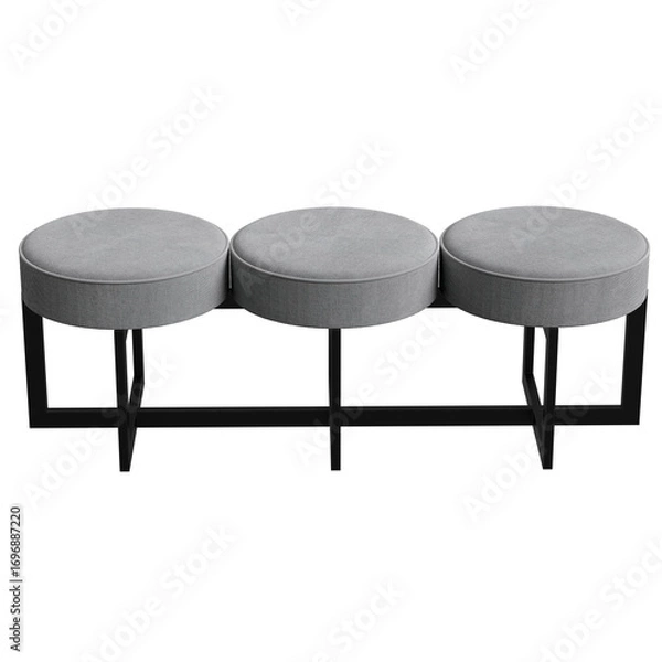 Fototapeta Minimalist bench with three round upholstered seats on a geometric black metal frame. A stylish accent for modern interiors, lofts, and public spaces.
