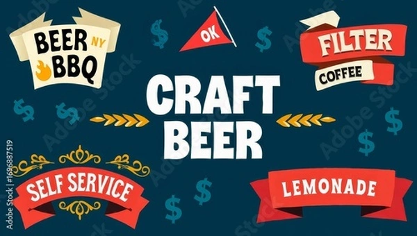 Fototapeta Vintage graphic set. Ribbon, flag, arrow, board with text Beer, BBQ, Filter Coffee, OK, Craft Beer. Set of ribbon banner and retro graphic.