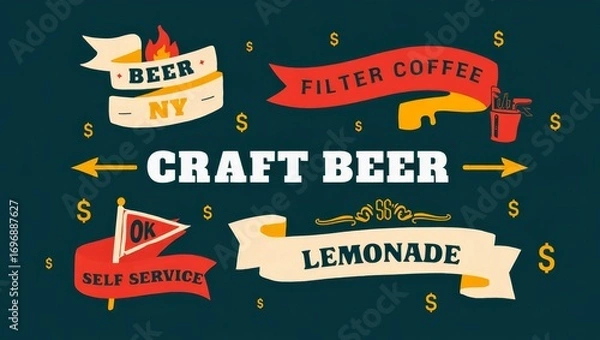 Fototapeta Vintage graphic set. Ribbon, flag, arrow, board with text Beer, BBQ, Filter Coffee, OK, Craft Beer. Set of ribbon banner and retro graphic.