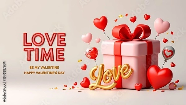 Fototapeta Valentine's day design. Realistic 3d pink gifts boxes. Open gift box full of decorative festive object.