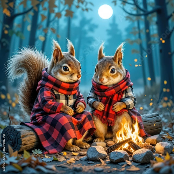 Fototapeta Two squirrels are sitting on a log beside a crackling campfire in an autumn moonlit forest 