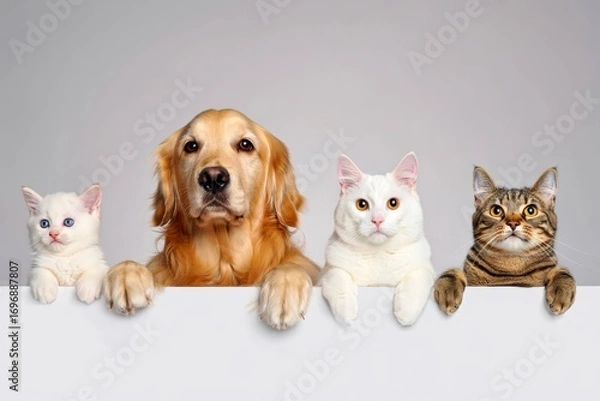 Fototapeta Three cats and dog peeking over white web banner. Copy and text space.