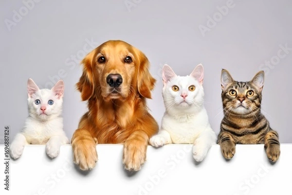 Fototapeta Three cats and dog peeking over white web banner. Copy and text space.