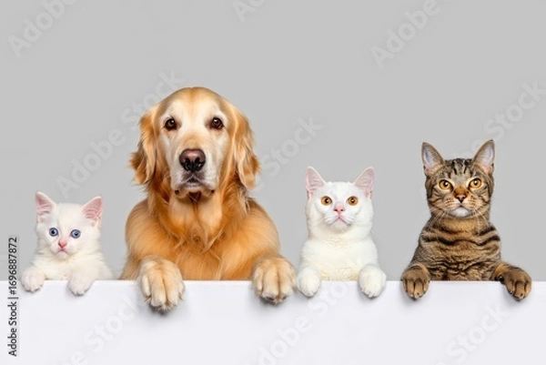 Fototapeta Three cats and dog peeking over white web banner. Copy and text space.