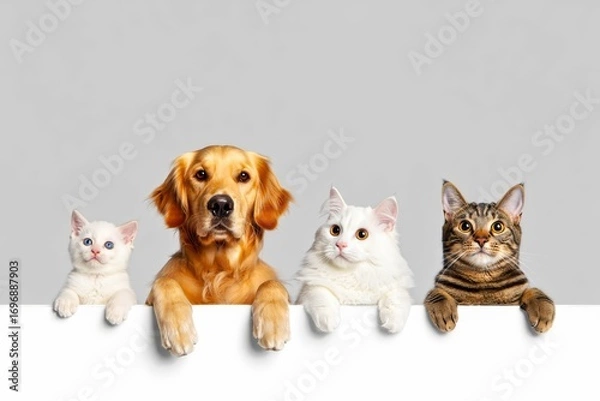 Fototapeta Three cats and dog peeking over white web banner. Copy and text space.