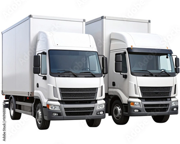 Fototapeta Set of Two White Transport Trucks in Side and Angled Views, Minimal Detailing, Transparent PNG