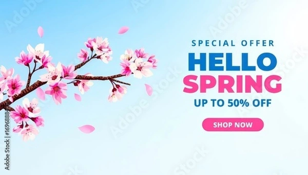 Fototapeta Spring sale banner design template with realistic sakura. Discount background.