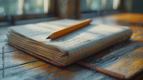 Fototapeta Pencil resting on vintage notebook. Warm rustic workspace with wooden table. Ideal for study, creativity, and lifestyle themes.