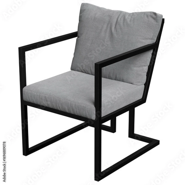 Fototapeta Minimalist armchair with a sleek black metal frame and soft gray cushions, perfect for modern interiors, design projects, and furniture mockups.