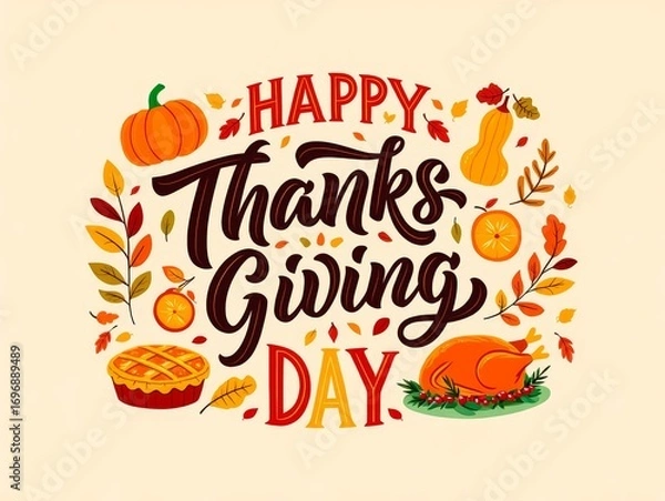 Fototapeta Happy thanksgiving day text with autumn elements decoration background.
