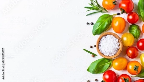 Fototapeta Food cooking background on white stone table. Fresh vegetables, herbs and spices. Long banner format with space for text.