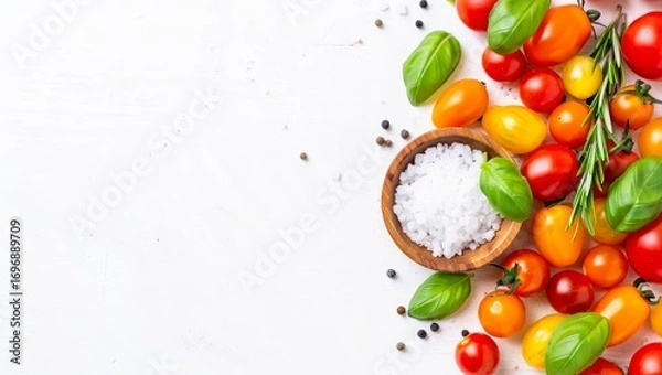 Fototapeta Food cooking background on white stone table. Fresh vegetables, herbs and spices. Long banner format with space for text.