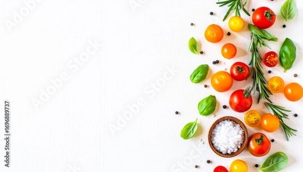 Fototapeta Food cooking background on white stone table. Fresh vegetables, herbs and spices. Long banner format with space for text.