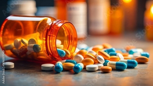 Fototapeta colorful pills close up, pharmacological banner for drugstore with space for text.