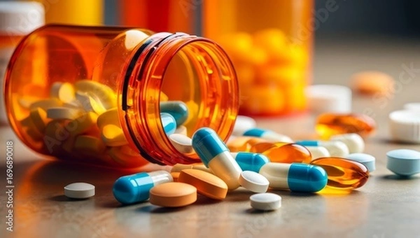 Fototapeta colorful pills close up, pharmacological banner for drugstore with space for text.