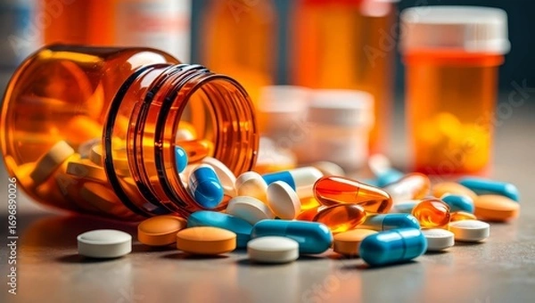 Fototapeta colorful pills close up, pharmacological banner for drugstore with space for text.