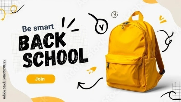 Fototapeta Back to School web template. Yellow school bag, checkered paper background with doodle drawing.