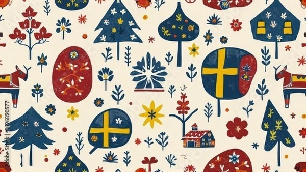 Obraz Colorful Scandinavian Folk Art Pattern with Trees, Flowers, and Animals in Red, Blue, and Yellow on a Cream Background