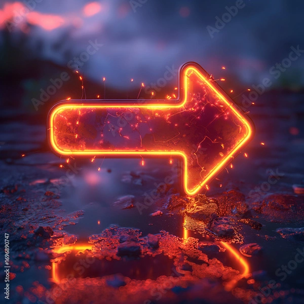 Fototapeta Bright glowing neon arrow on wet surface. Futuristic orange directional sign. Ideal for tech, nightlife, and digital backgrounds.