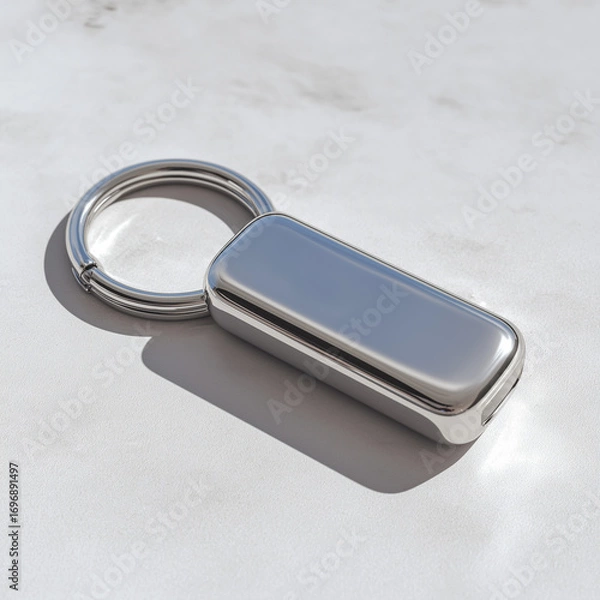 Obraz Glossy silver keychain with rounded tag. Modern accessory on marble surface. Perfect for branding, product mockups, and e-commerce use.