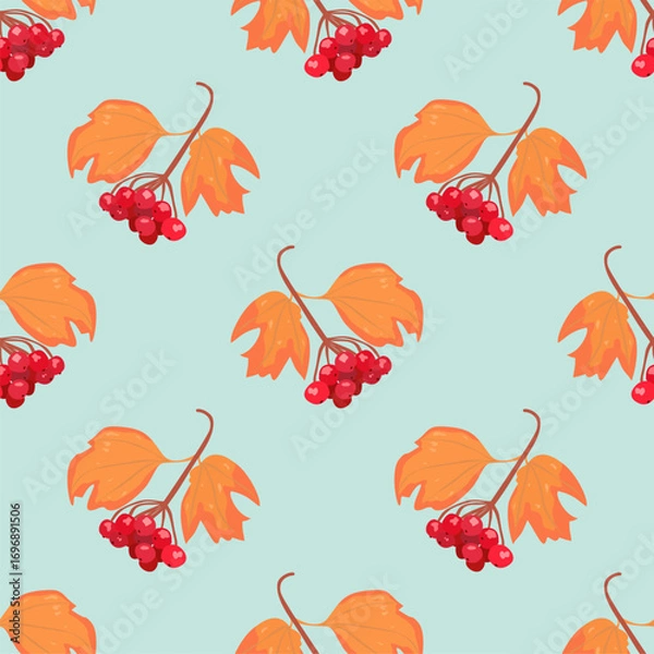 Fototapeta Seamless vector pattern with autumn orange leaves and red viburnum berries on light background. Seasonal decorative design.