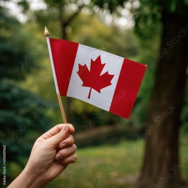Obraz Hand holding a canadian flag outdoors with blurred background trees