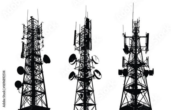 Obraz Cell tower vector set, telecommunication antenna towers with satellite dishes, 5G and 4G wireless network infrastructure, radio signal transmission, mobile communication mast silhouette illustration