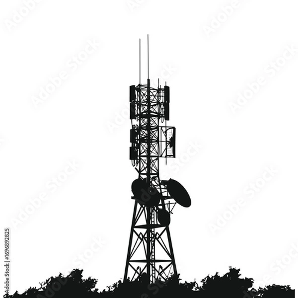 Obraz Cell tower vector set, telecommunication antenna towers with satellite dishes, 5G and 4G wireless network infrastructure, radio signal transmission, mobile communication mast silhouette illustration