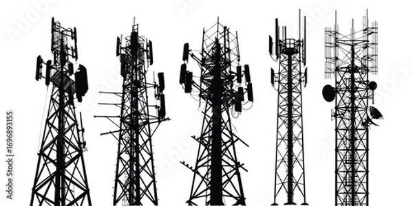 Obraz Cell tower vector set, telecommunication antenna towers with satellite dishes, 5G and 4G wireless network infrastructure, radio signal transmission, mobile communication mast silhouette illustration
