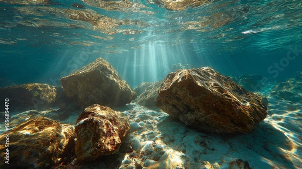 Fototapeta Sunlight streaming through ocean surface illuminating underwater rocks