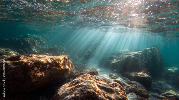 Fototapeta Sunlight streaming through ocean surface illuminating underwater rocks