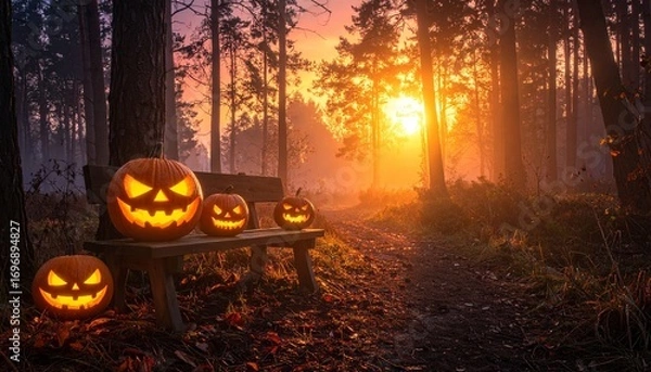 Fototapeta Two glowing jack-o'-lanterns on wooden bench in autumn forest at sunset with warm light and fallen leaves.