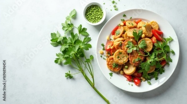 Fototapeta Top-down view of a vegan meal arranged minimally on a clean white plate with fresh herbs and vibrant colors, perfect for menu design or blog content.


