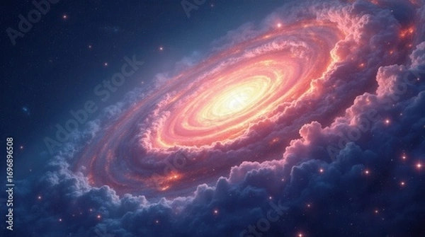 Fototapeta Vibrant swirling galaxy with bright stars and colorful nebula clouds in deep space, perfect for posters, merchandise, and digital art.

