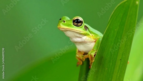 Obraz A vibrant green tree frog perched on a leaf