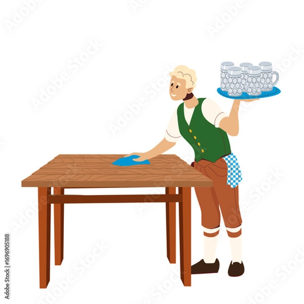 Fototapeta Smiling server in lederhosen wipes wooden table while holding tray of empty mugs. Flat festive scene great for Oktoberfest ads, event graphics, and food service themes