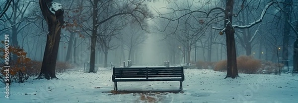 Fototapeta A tranquil winter scene featuring a solitary bench in a snow-covered park surrounded by bare trees.