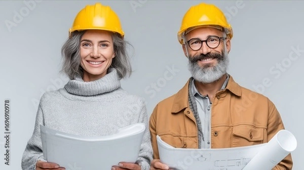 Fototapeta Professional construction team assessing blueprints with confidence. Experienced duo ready to build success together.