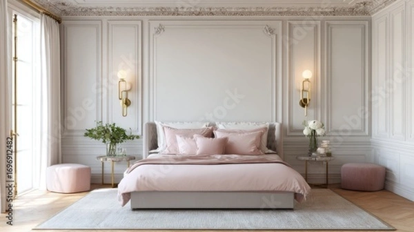 Fototapeta modern parisian eclectic bedroom full view, classic ceiling moldings, blush pink bedding, brass sconces, low upholstered headboard, soft ambient light