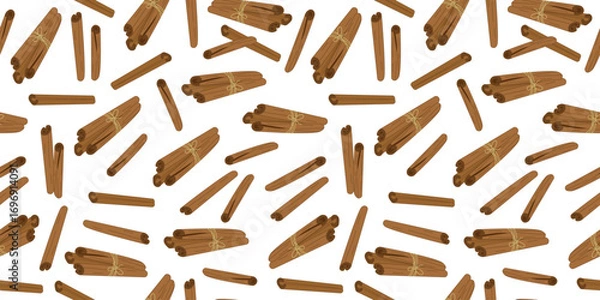 Obraz Seamless pattern of cinnamon, spice cinnamon sticks. Medicinal, cosmetic, culinary plants. Spices for cooking. Ingredient for healthy warming vitamin drink.