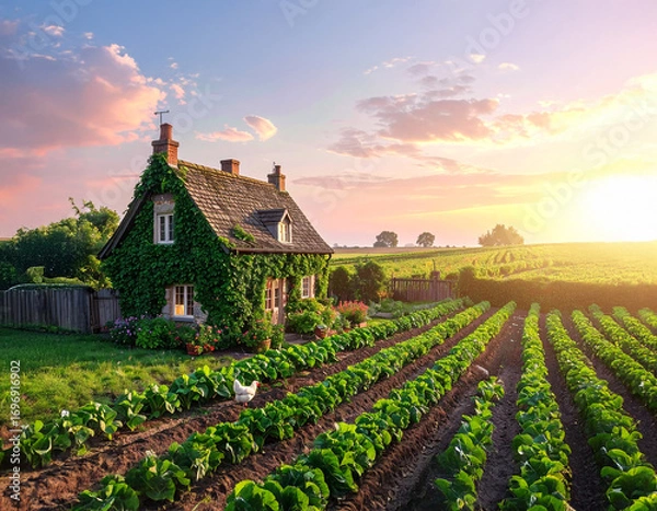 Fototapeta Drone View of Ivy-Covered Cottage with Vegetable Garden and Free-Range Chickens
