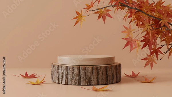 Fototapeta autumn background with wooden podium and falling maple leaves, natural seasonal scene for product display, rustic wood texture with warm colors and minimal fall composition