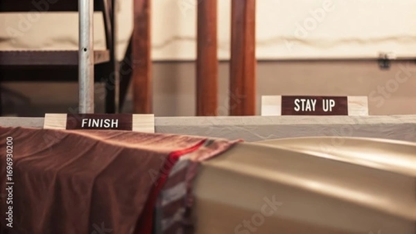 Obraz Signs Indicating Finish Line and Stay Upright for Racing Equipment