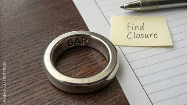 Obraz Silver Ring on Wood Surface with Sticky Note and Pen Nearby