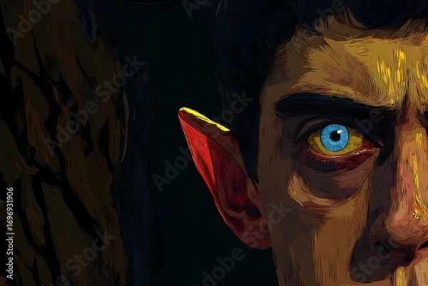 Fototapeta Artistic close-up of a fantasy elf with strong shadows, one side hidden, suggesting secrets and magical origin.